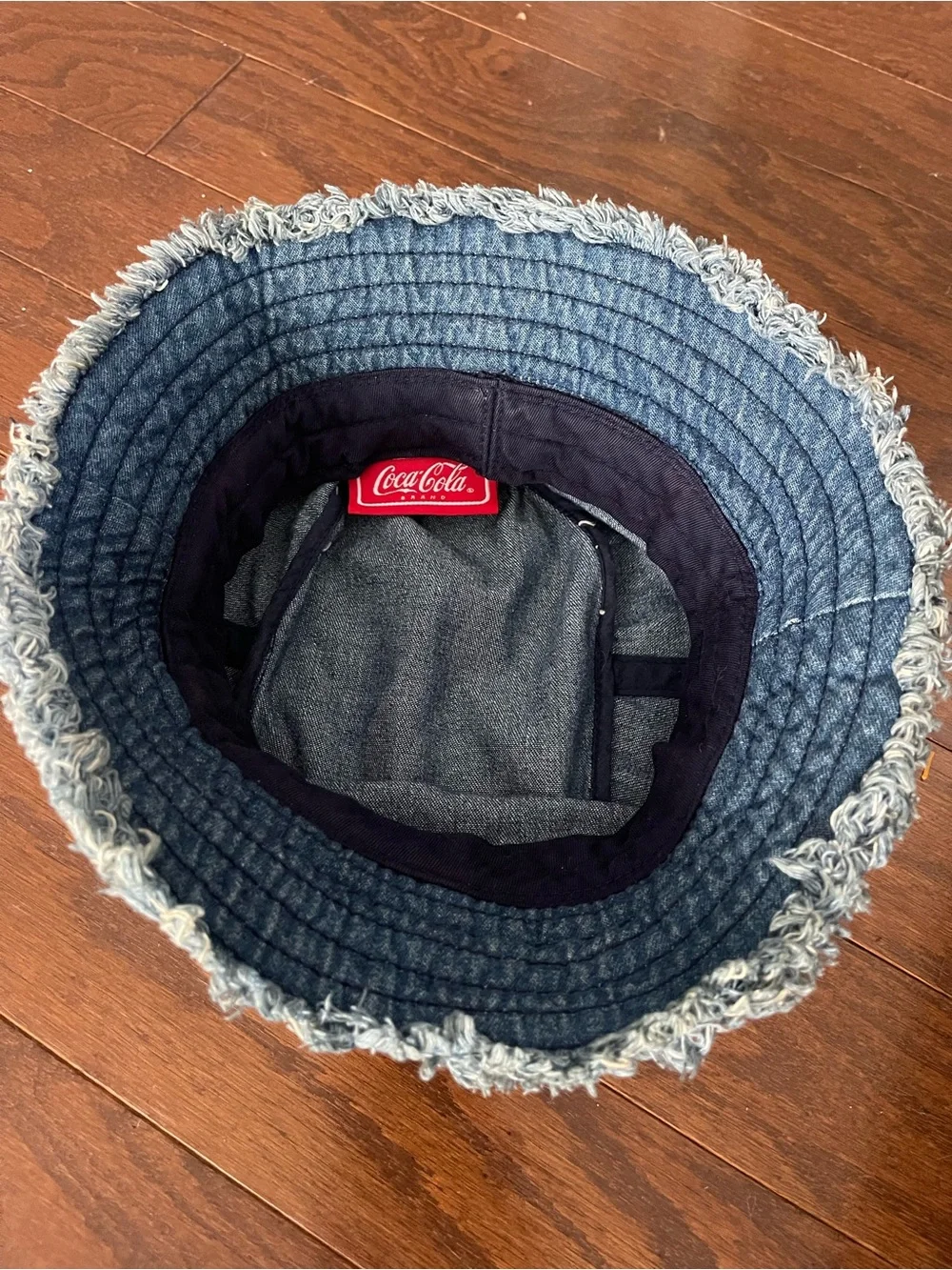 VTG 90s Coca-Cola Blue Denim Bucket Hat with Red Plaid Band & Frayed Brim